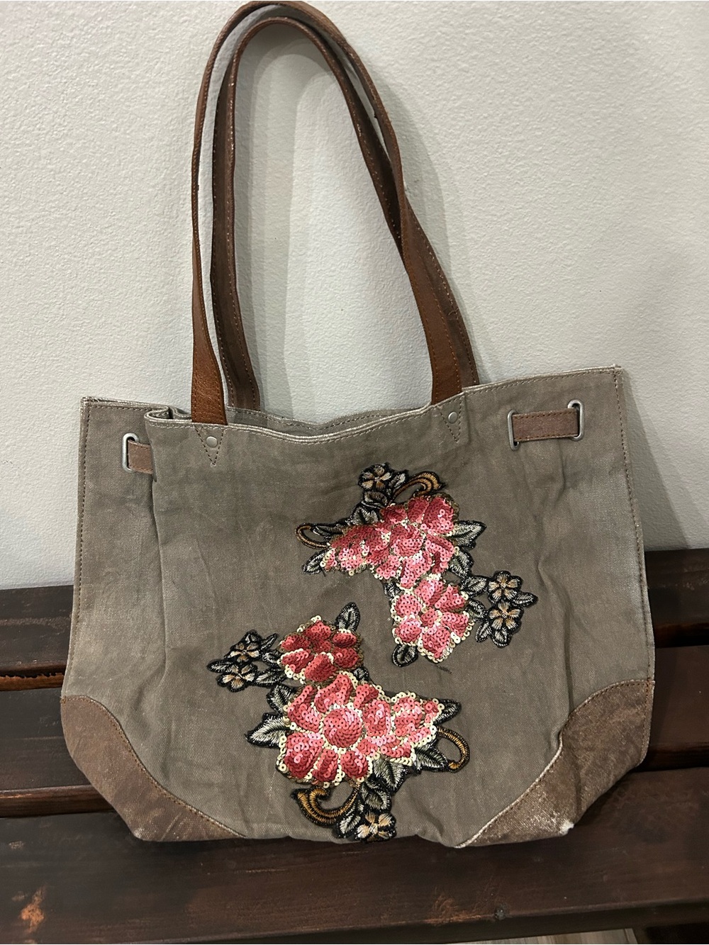 Gray Floral Sequin Canvas Tote Bag with Brown Handles